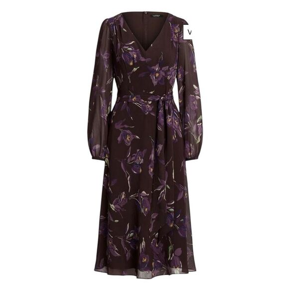 Lauren by Ralph Lauren Floral Belted Crinkle Georgette Dress in Multi NWT Size 1 - Picture 1 of 8
